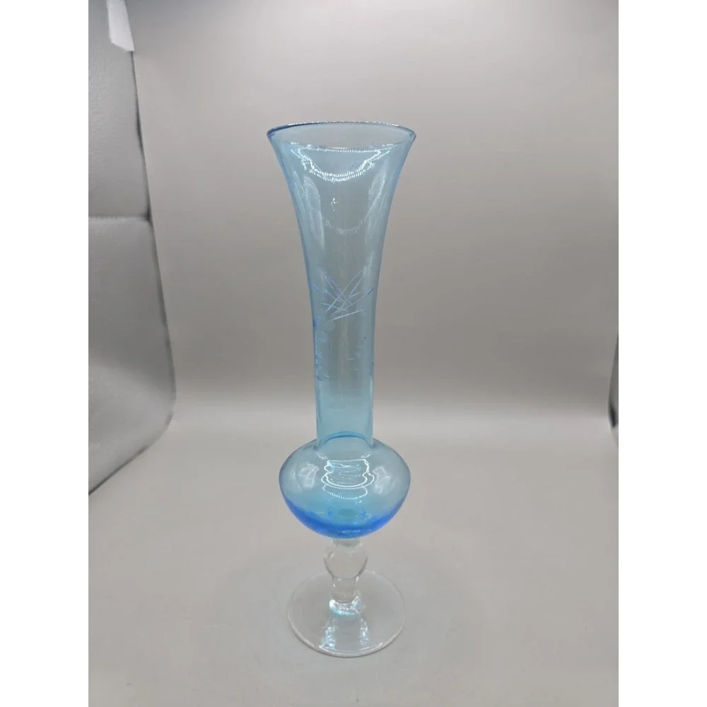 Vintage Blue Etched Floral Glass Bud Vase 8.5 X 2 Inches